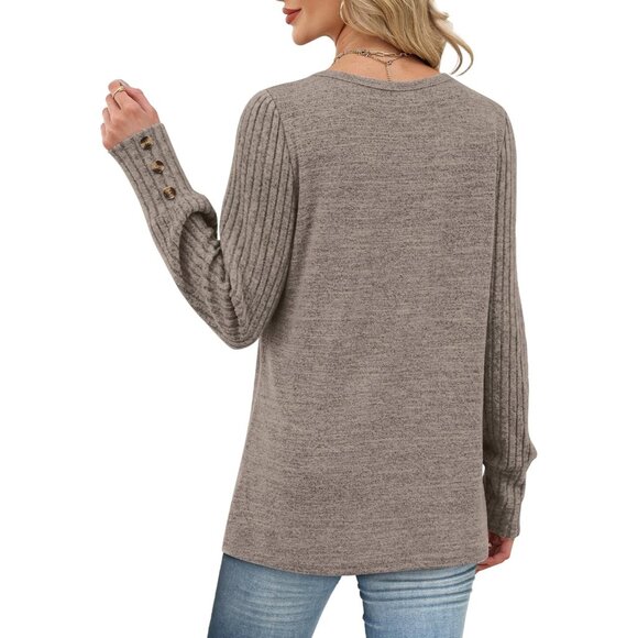 Womens Tops Long Sleeve Shirts with Button Cuffs Lightweight Sweaters Loose Fit - Picture 5 of 5